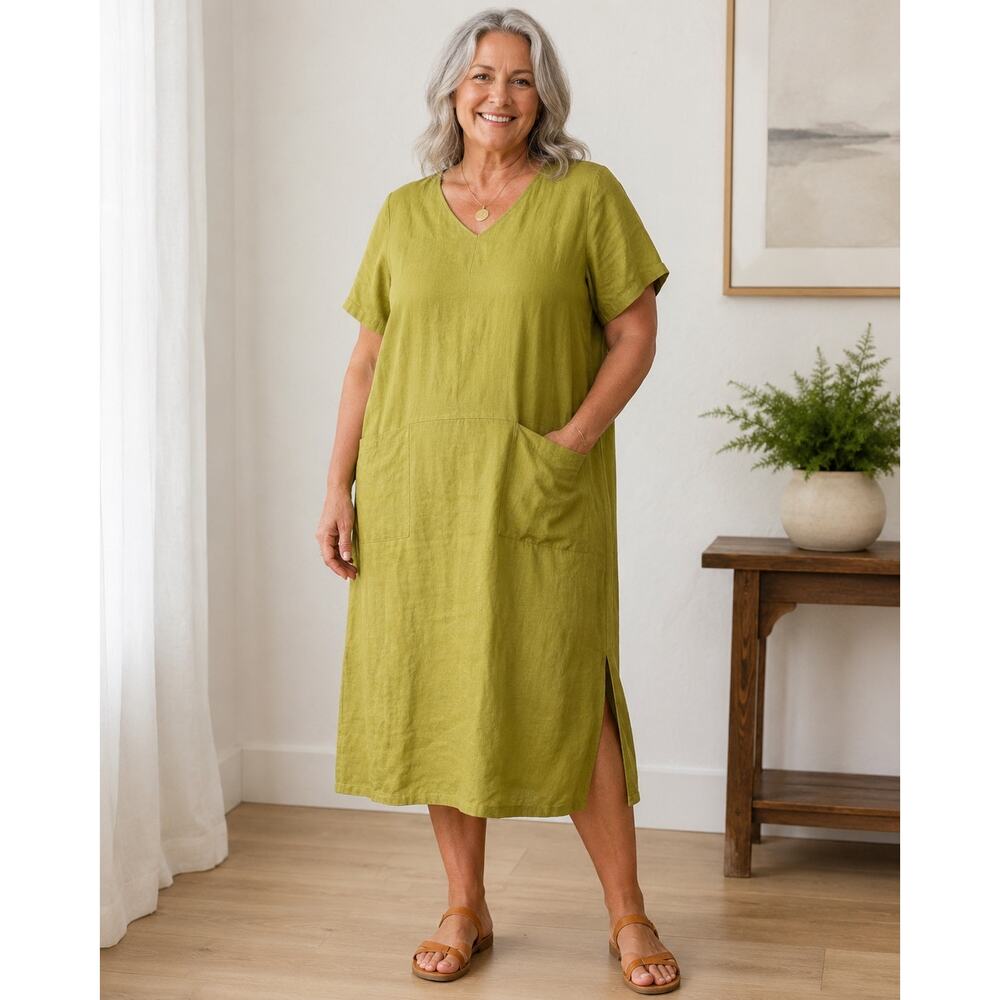 Bridgewater Studio Size 16 Linen Maxi Shift Dress Green V Neck Short Sleeves